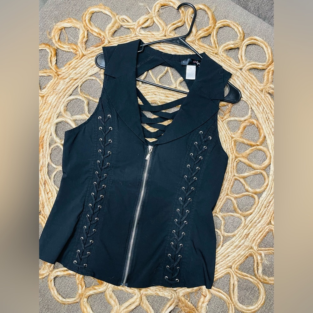 Sleek Black Lace-Up Zip Tank Top